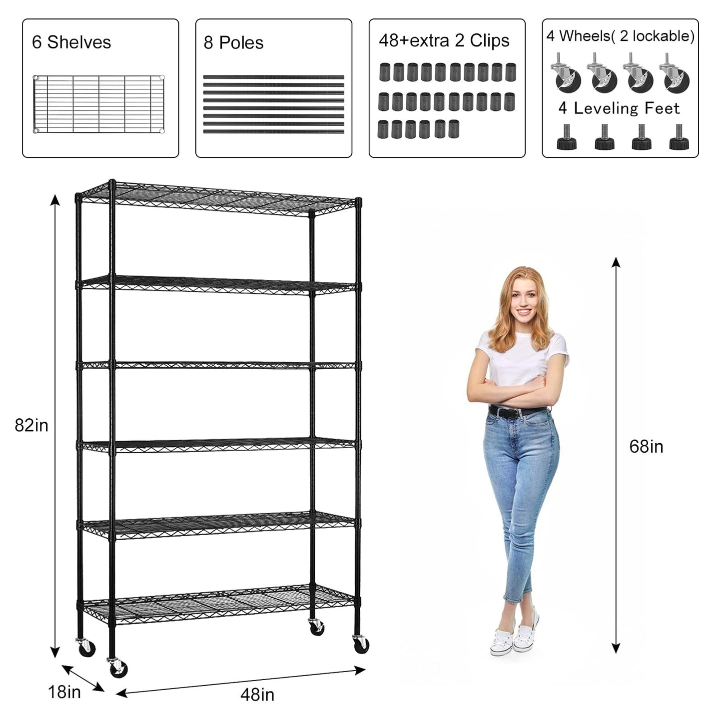 YYkokocat 6-Tier Wire Shelving Unit 2100Lb Capacity Adjustable Storage Shelves Heavy Duty Storage Rack with Wheels NSF Metal Shelf for Closet Kitchen - WoodArtSupply