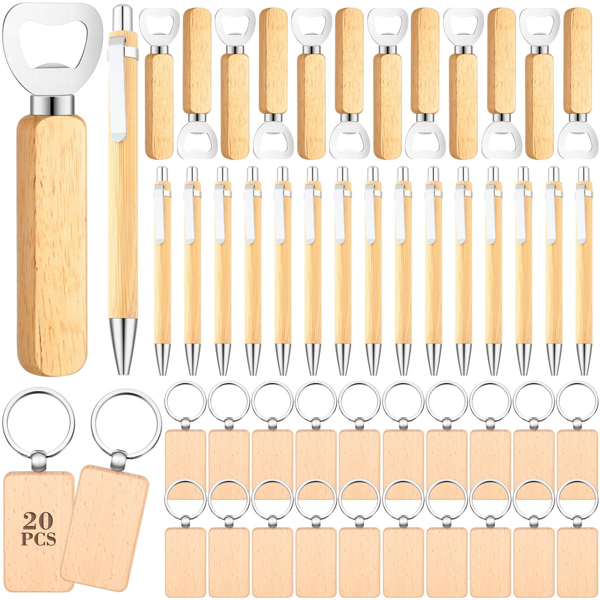 SiliFine 60 Pcs Laser Blanks Product Laser Engraving Material Kit Including DIY Wooden Blank Bottle Opener, Wooden Keychain, and Bamboo Pen for SiliFine