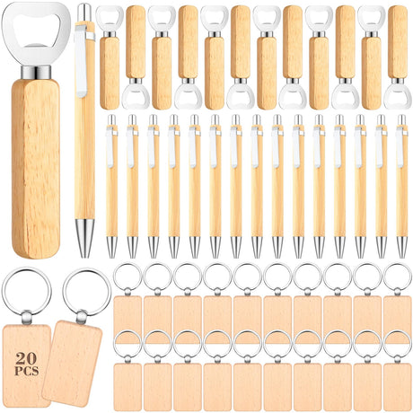 SiliFine 60 Pcs Laser Blanks Product Laser Engraving Material Kit Including DIY Wooden Blank Bottle Opener, Wooden Keychain, and Bamboo Pen for SiliFine