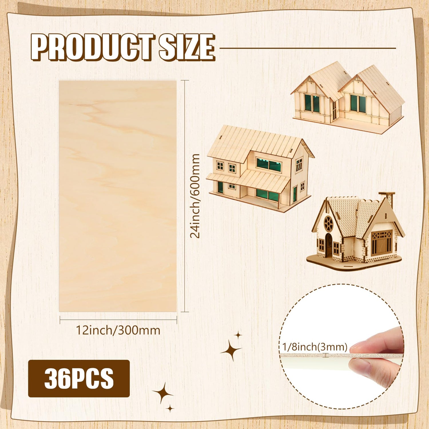 36 Pack Basswood Sheets Plywood Board 1/8 Inch Unfinished Wood Boards for Crafts for DIY Laser Projects Architectural Model Making Mini House Riakrum