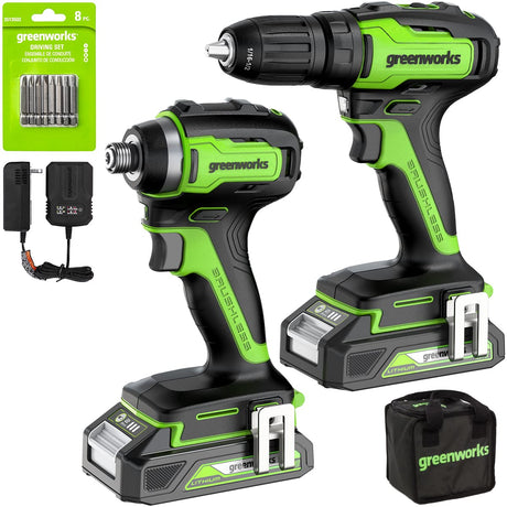 Greenworks 24V Brushless Cordless Drill Impact Driver Combo kit, 1/2”Drill & 1/4”Hex Impact Driver Power Tool Kit, Included 2 Batteries, 1 Charger, 8 Greenworks