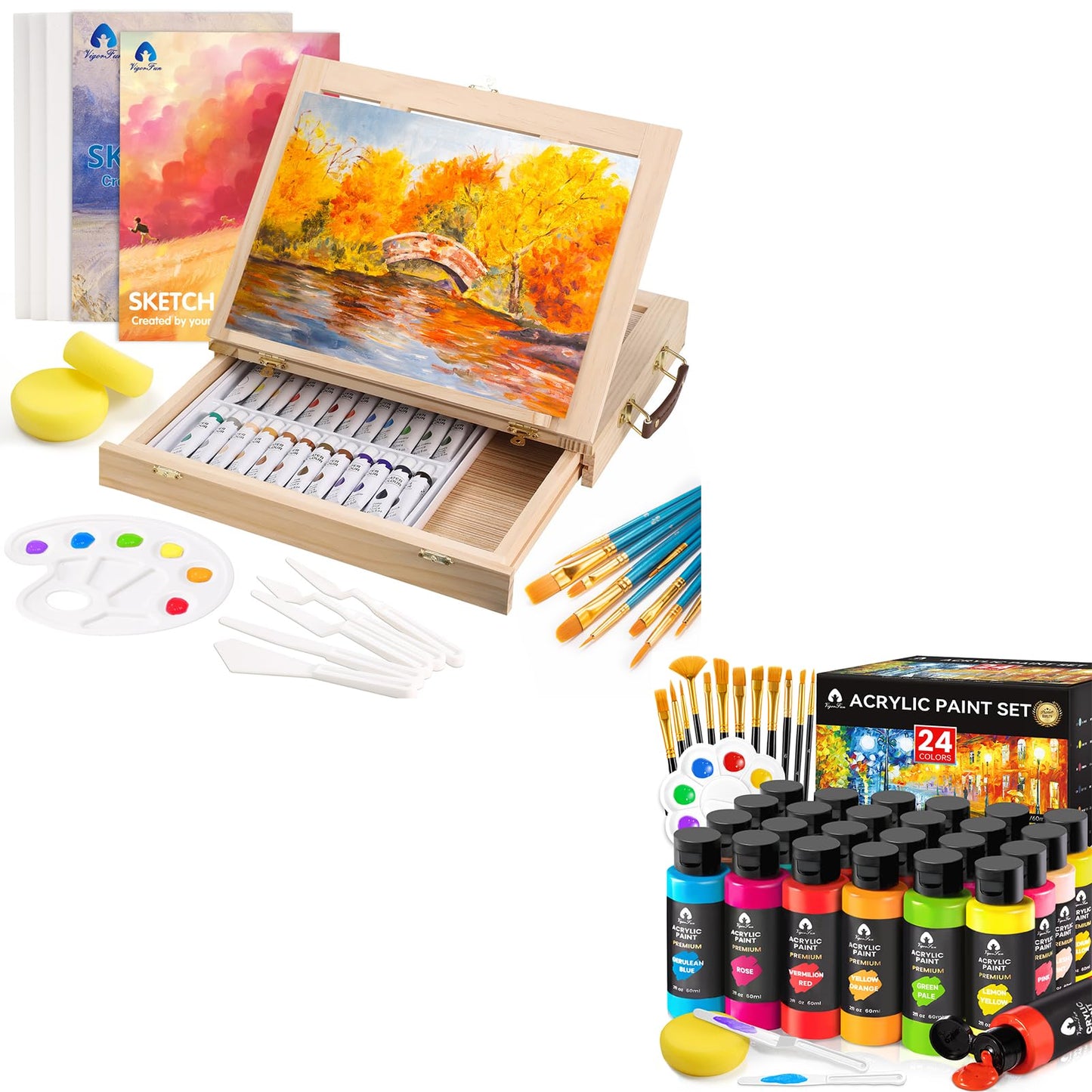 49 Pieces Watercolor Painting Supplies Set & 40 PCS Acylic Paint Set with 12 Brushes, 2 Knives and Palette - WoodArtSupply