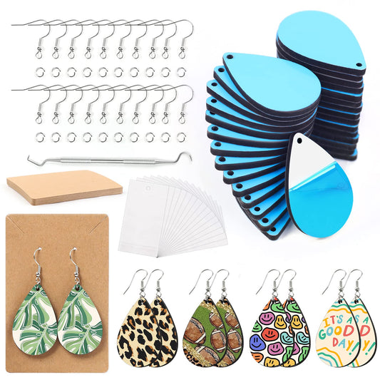 HTVRONT Sublimation Earring Blanks Bulk - 30 Pcs Wood Earrings Blanks with Blue Protective Film - Unfinished MDF Teardrop Earrings for Sublimation - WoodArtSupply