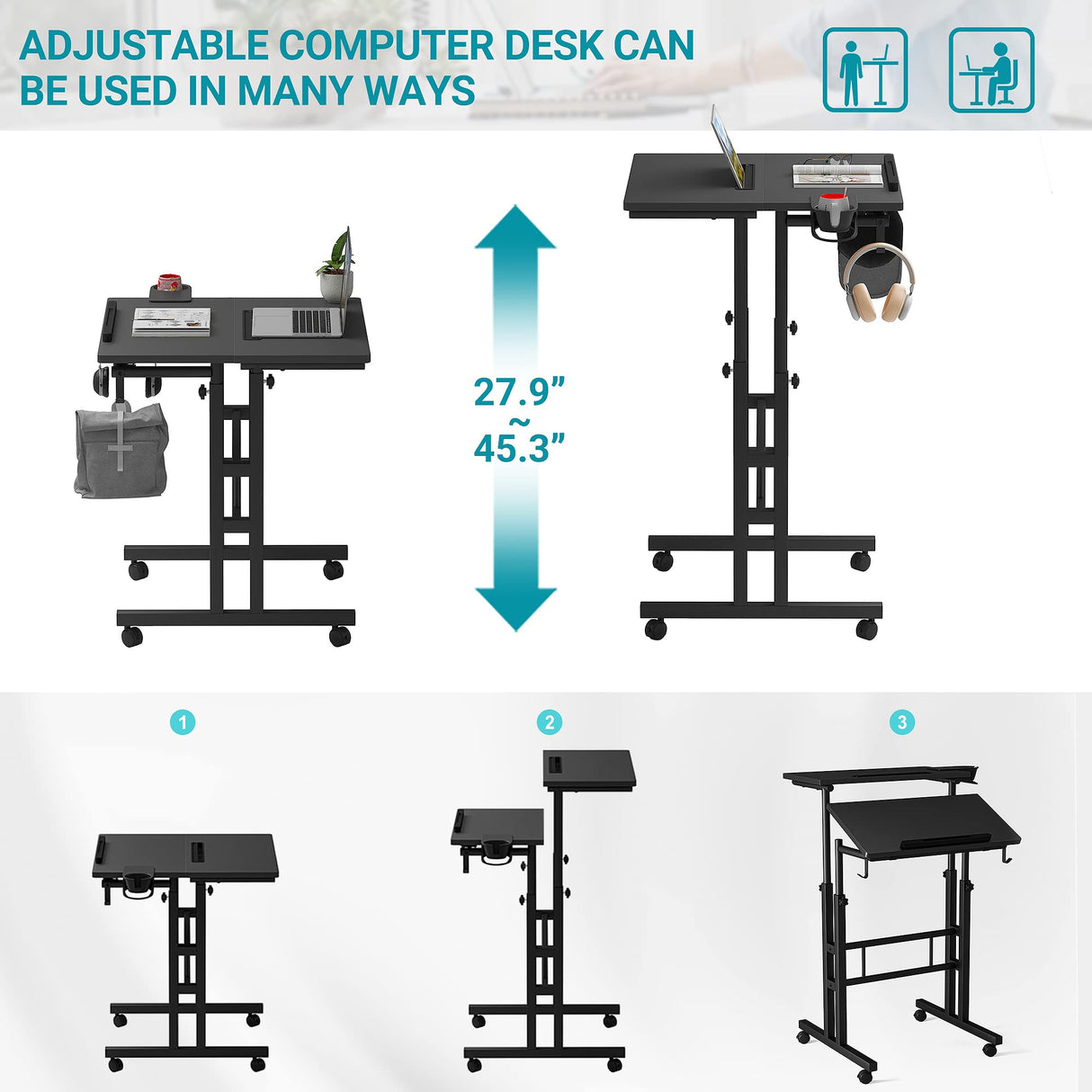 Klvied Adjustable Height Standing Desk with Cup Holder, Portable and Easy to Move, Ideal for Home or Office, Black Klvied