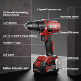 DCK Brushless Hammer Drill, 20V Max Hammer Drill Cordless, 531In-lb,36000 BPM,1/2" All-Metal Chuck, Variable Speeds, 22+1+1 Torque Setting, 4.0Ah DCK