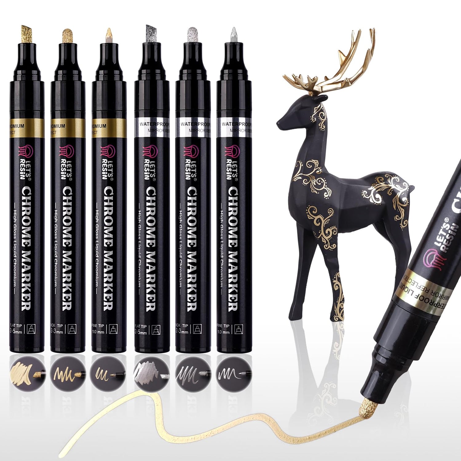 LET'S RESIN 6Pcs Mirror Chrome Markers,3 Sizes Available Metallic Permanent Markers(Fine,Chisel,Round) with Large Barrel,High-gloss Silver & Gold LET'S RESIN