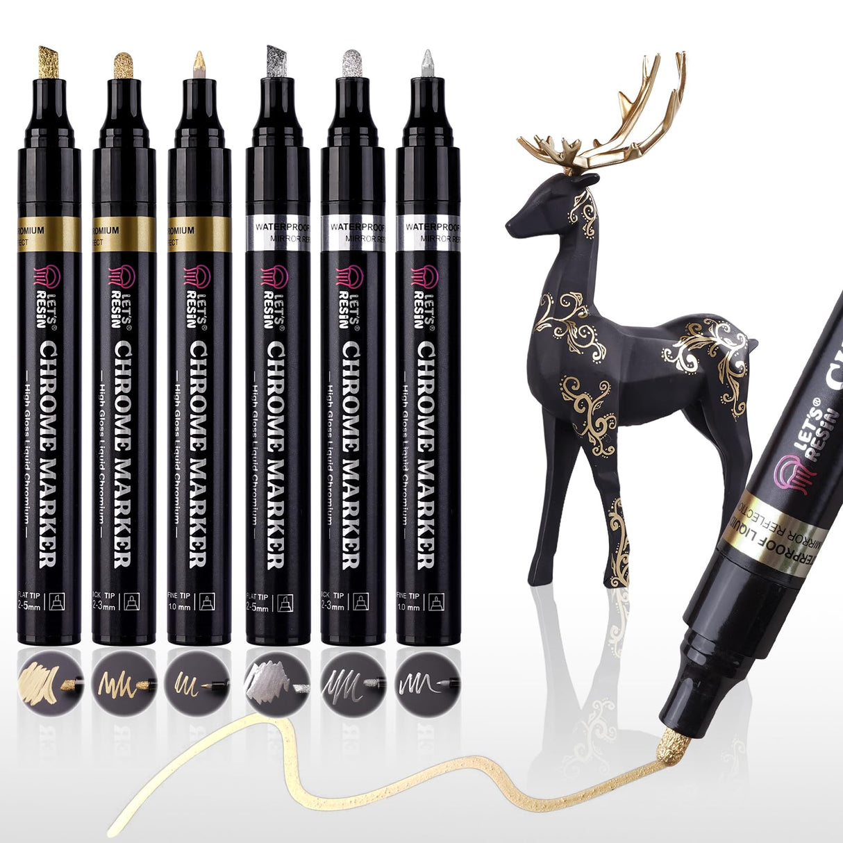 LET'S RESIN 6Pcs Mirror Chrome Markers,3 Sizes Available Metallic Permanent Markers(Fine,Chisel,Round) with Large Barrel,High-gloss Silver & Gold LET'S RESIN