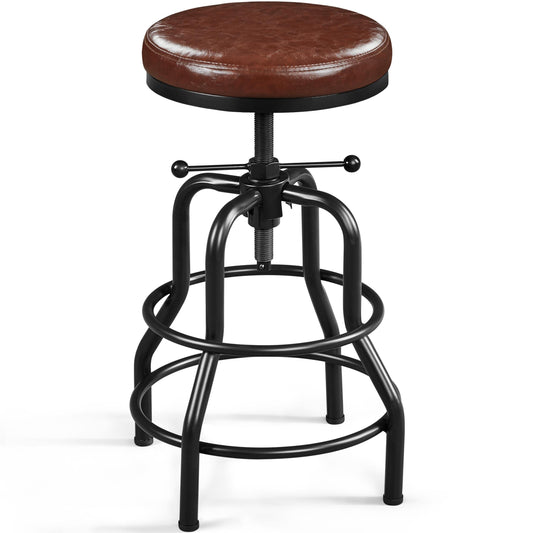 Yaheetech Industrial Bar Stool Vintage Counter Height Stool with Round Faux Leather Seat Metal Stool Adjustable Kitchen Stool 21.5-28 Inch Tall - WoodArtSupply