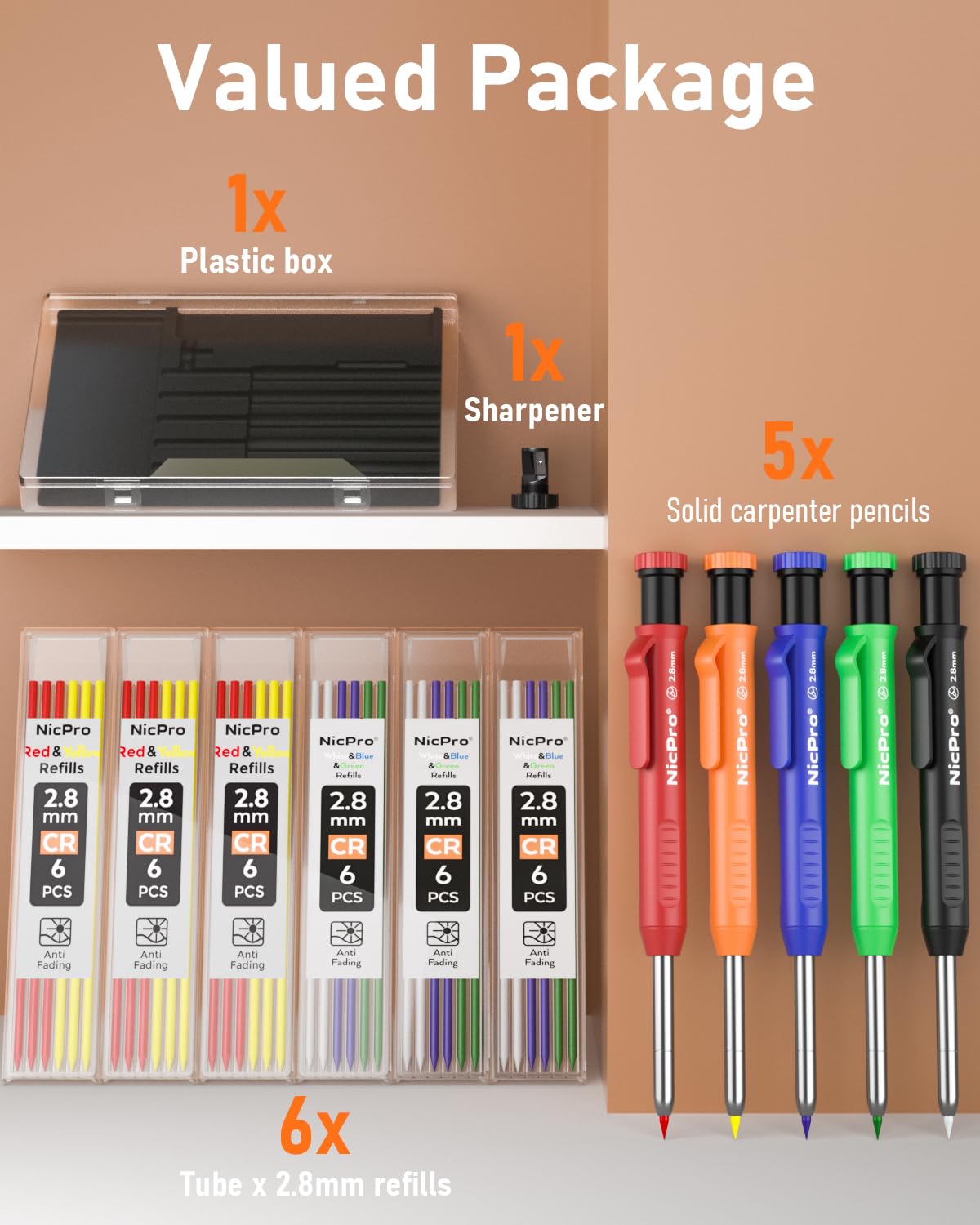 Nicpro 5 Pack Carpenter Pencil with Sharpener, Mechanical Carpenter Pencils with 41 Refills (Red, Black, Yellow), Deep Hole Marker Construction Heavy Nicpro