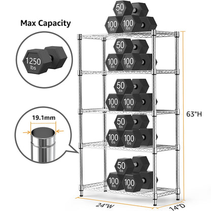 MZG Steel Heavy Duty 5-Tier Utility Shelving Unit Steel Organizer Wire Rack for Home,Kitchen,Office,Chrome (14" D x 24" W x 63" H) - WoodArtSupply