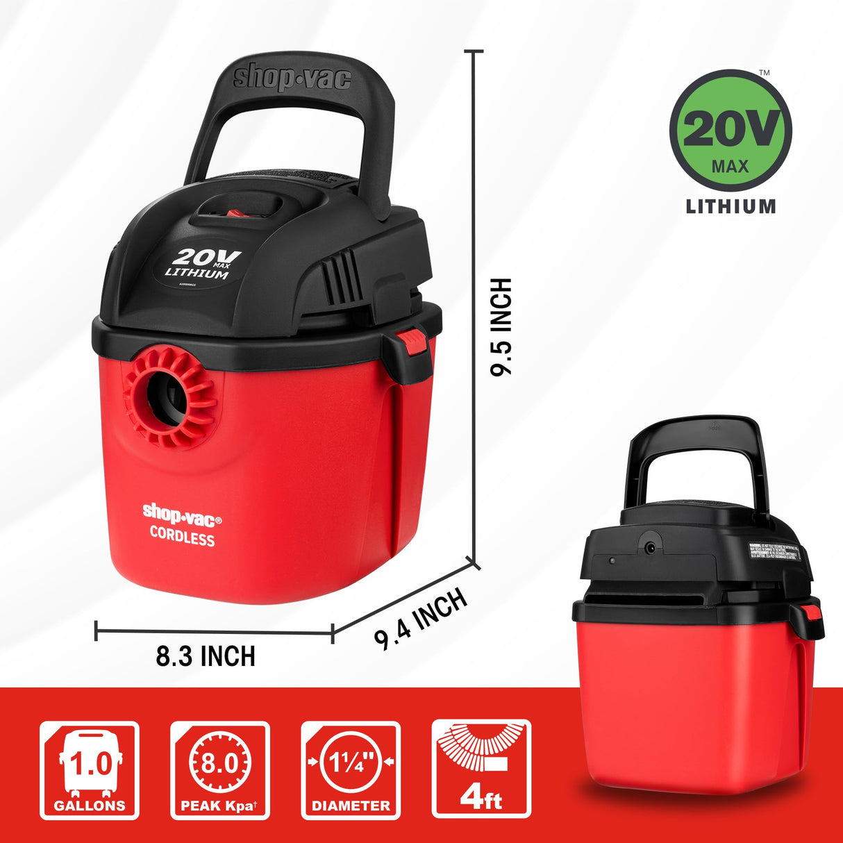 Shop-Vac Wet Dry Cordless Vacuum Cleaner, 8.0 Peak Kpa Cordless Vacuum Cleaner with Collapsible Handle Wall Bracket & Multifunctional Attachments, Shop-Vac