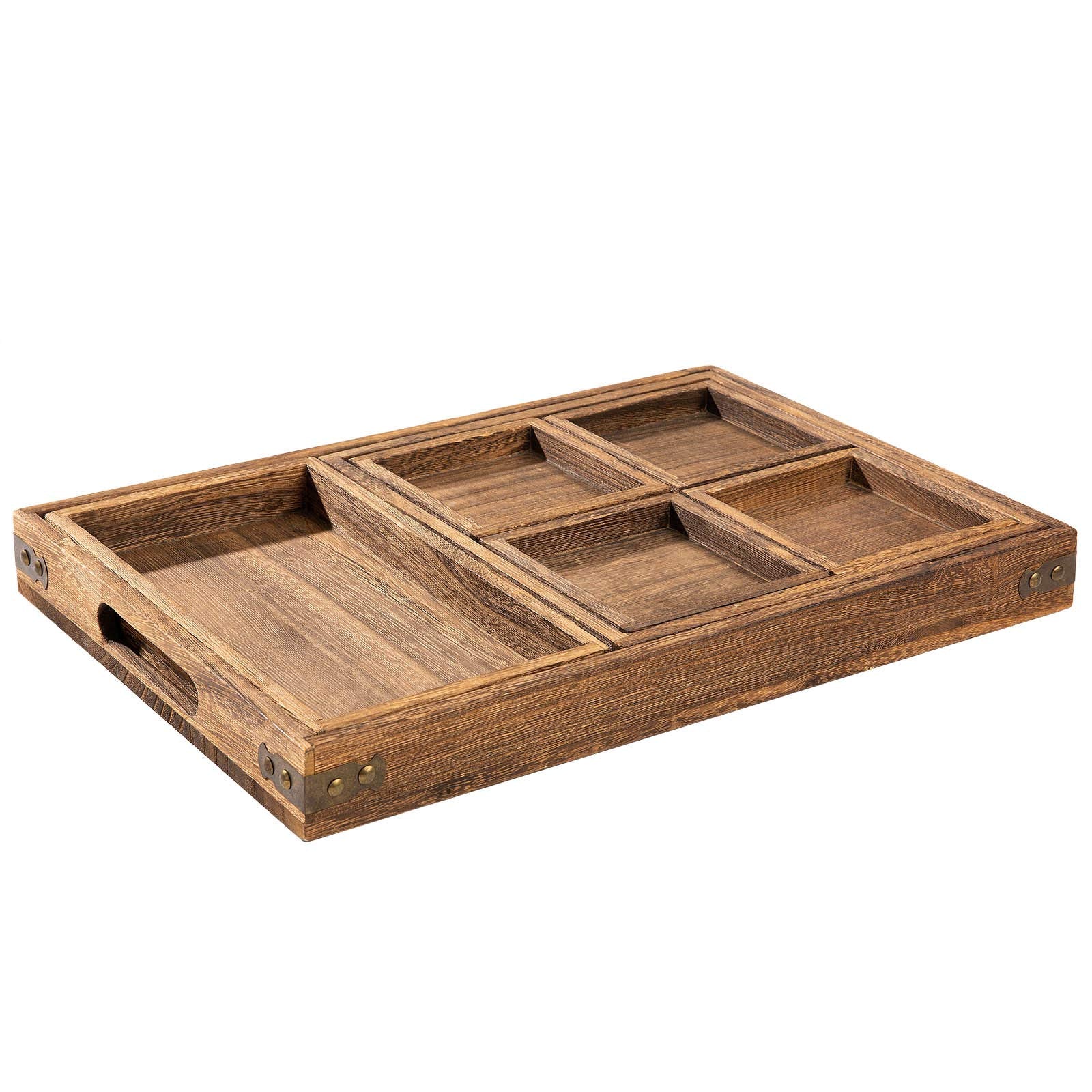 Yangbaga Rustic Wooden Serving Trays with Handle - Set of 7 Rectangular Platters for Entertaining, Breakfast, Coffee Table, Home Decor - WoodArtSupply