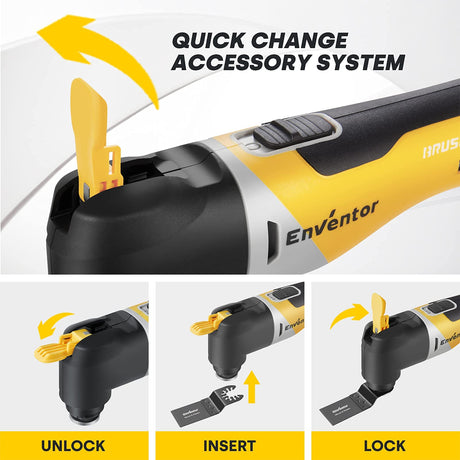 ENVENTOR Cordless Oscillating Tool, 20V Brushless Oscillating Multitool Kit with 6 Variable Speed, 4° Oscillation Angle, 28 pcs Accessories, Fast Enventor