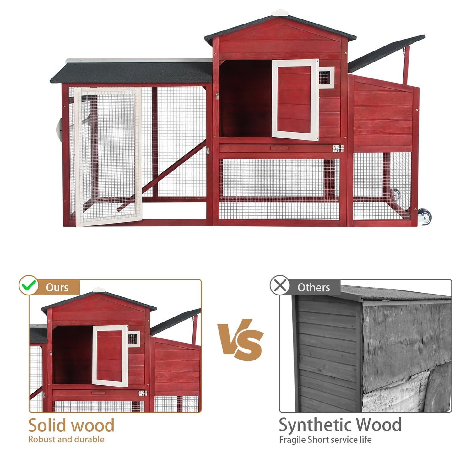 Ketive Chicken Coop Large Wooden Chicken Tractor with Wheels Waterproof Outdoor Hen House Poultry Cage Back Yard Chicken Coops with Run, Laying Boxes ketive