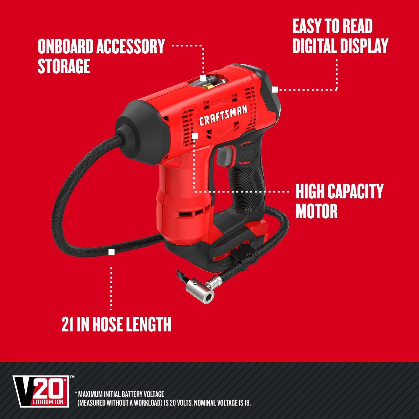 Craftsman V20 Cordless Inflator for Tires and Balls, High Pressure, PSI of 150, Bare Tool Only (CMCE521B)