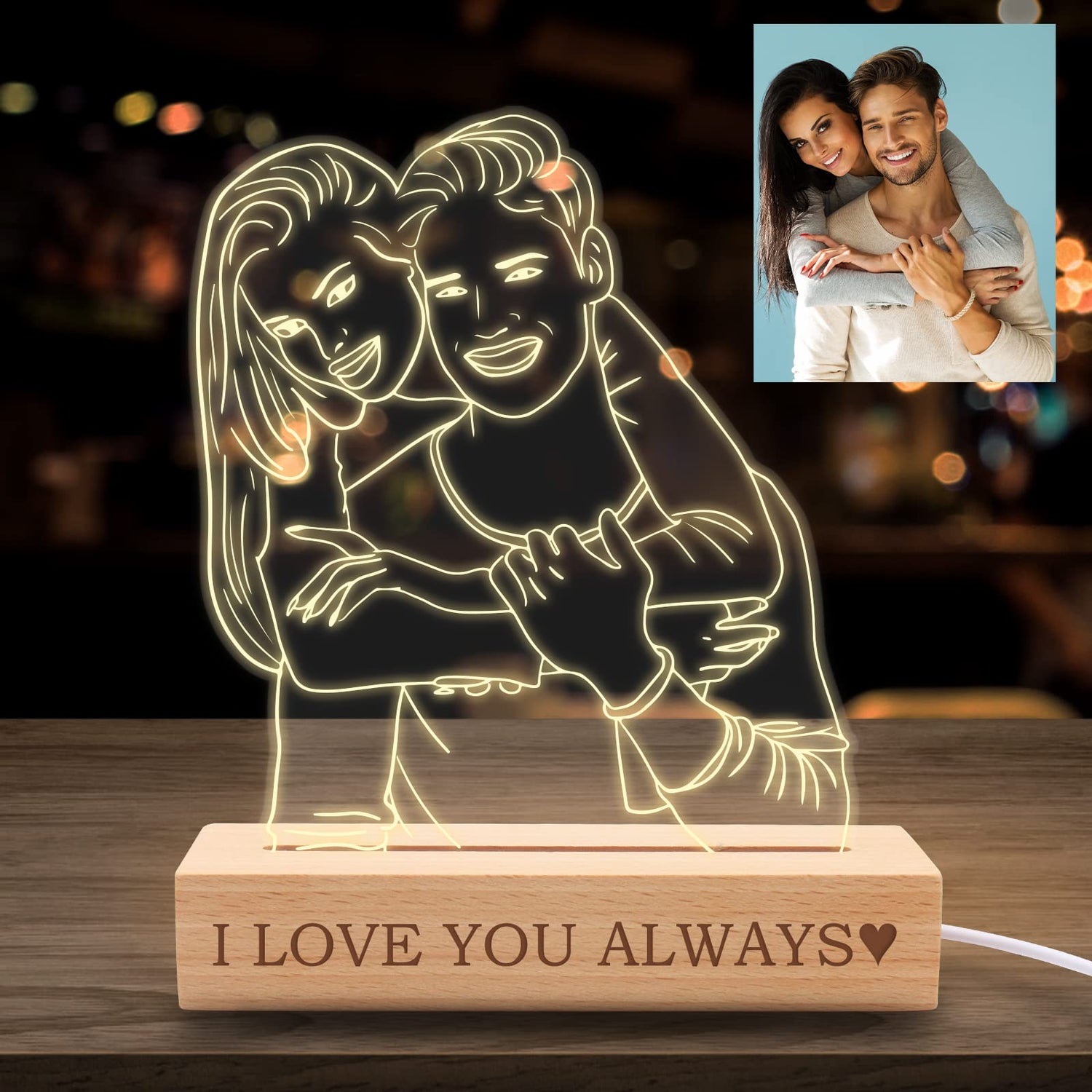 Uoffice5 Custom 3D Photo Lamp Personalized Picture Night Light with Wood Base Customized Portrait Illusion Light Engraved Anniversary Valentine's Day Uoffice5