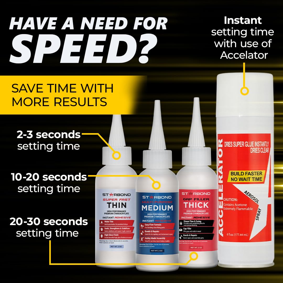 Starbond 2 oz. Thin, Medium, Thick CA Glue with 6 oz. Activator Bundle (Premium Cyanoacrylate Super Glue) for Quick Glue-ups. Woodworking, STARBOND