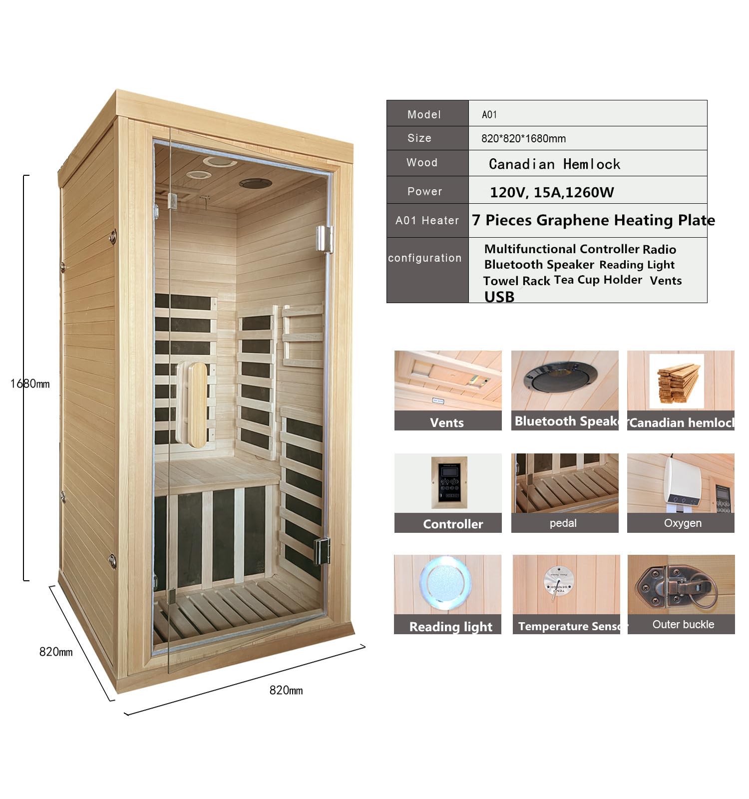 Infrared Saunas Room for Home 1 Person 1260W,7 Piece Graphene Heating Plate Dry Sauna, Wooden Canadian Hemlock Indoor Spa Sauna,Multi Functional - WoodArtSupply