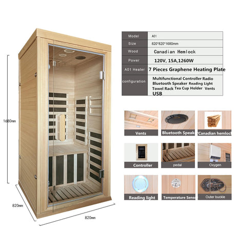 Infrared Saunas Room for Home 1 Person 1260W,7 Piece Graphene Heating Plate Dry Sauna, Wooden Canadian Hemlock Indoor Spa Sauna,Multi Functional Kang Share