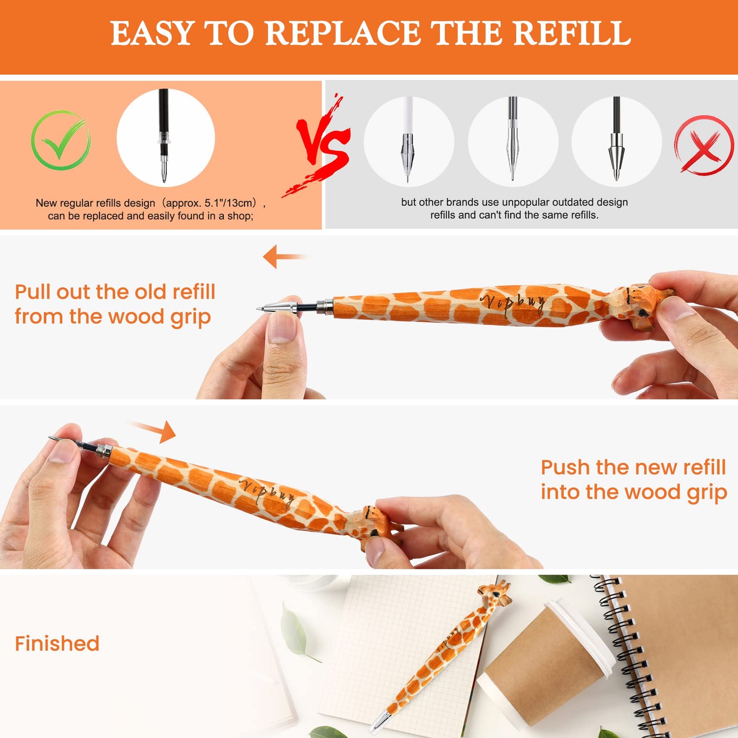 VIPbuy 2 Count 100% Handmade Wood Carved Gel Ink Pens -Novelty Refillable Writing Pens Office School Supplies Birthday Christmas Gift, Giraffe VIPbuy