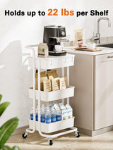 Pipishell 3 Tier Rolling Cart with Table Top, Utility Cart with Wheels & 4 Hooks, Rolling Storage Cart for Home Storage and Organization, White, Pipishell