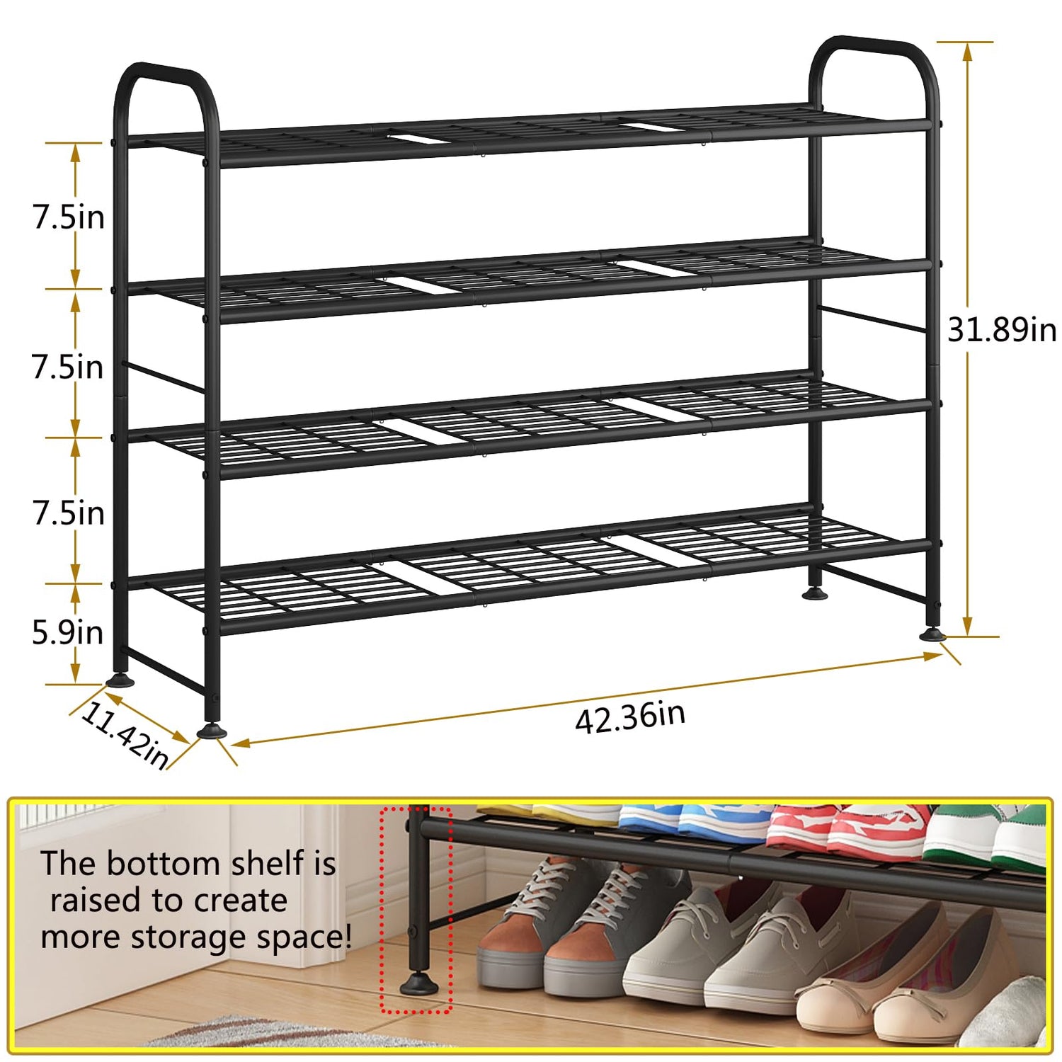 LINZINAR Shoe Rack 4 Tier Storage Organizer for Closet Entryway Metal Black LINZINAR