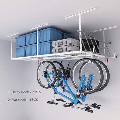 FLEXIMOUNTS 4x8 Overhead Garage Storage Rack w/Hooks Adjustable Ceiling Storage Racks, 96" Length x 48" Width x 40" Height, 22''-40" Ceiling - WoodArtSupply