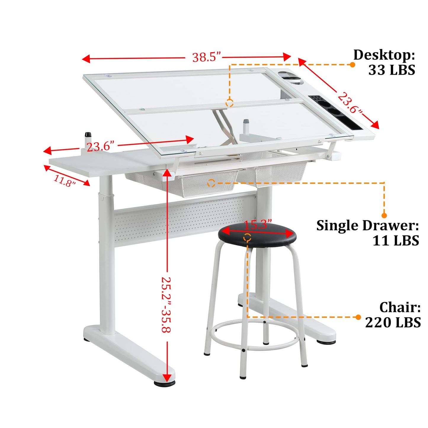 Olela Drafting Desk, Height Adjustable Drafting Table Versatile Art Craft Artists Paintings Storage Work Station with Tilting Temped Glasses Tabletop - WoodArtSupply