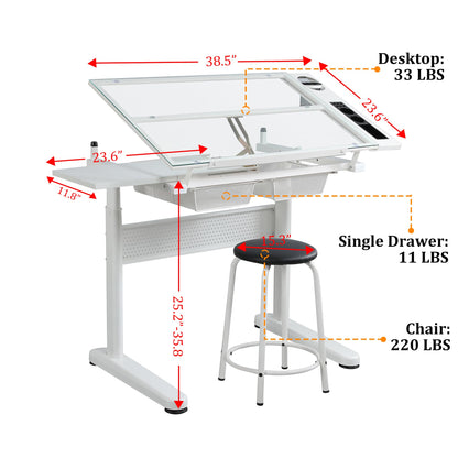 Olela Drafting Desk, Height Adjustable Drafting Table Versatile Art Craft Artists Paintings Storage Work Station with Tilting Temped Glasses Tabletop - WoodArtSupply