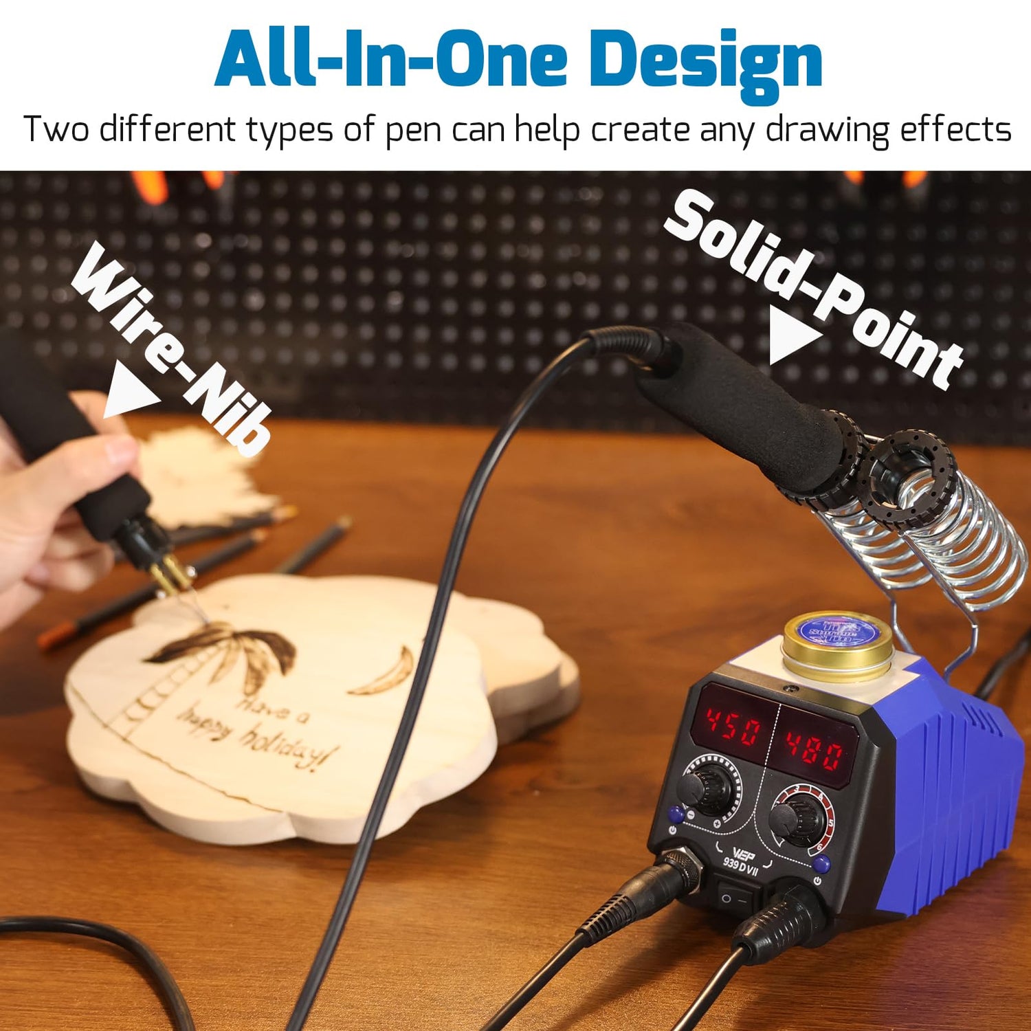 WEP 939D-VII 2-IN-1 Wood Burning Kit 84-IN-1 with 51 Solid Points and 23 Wire Nibs Wood Burner with 2 Letter Number Stencils, 6 Unfinished Wood, 1 WEP