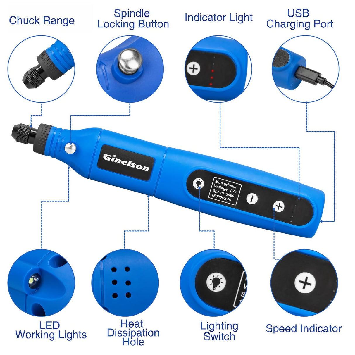 GINELSON Cordless Rotary Tool, 2000 mAh Battery Pack, 5-Speed and USB-C Charging Rotary Tool Kit with 64 Accessories, Multi-Purpose 3.7V Power Rotary GINELSON