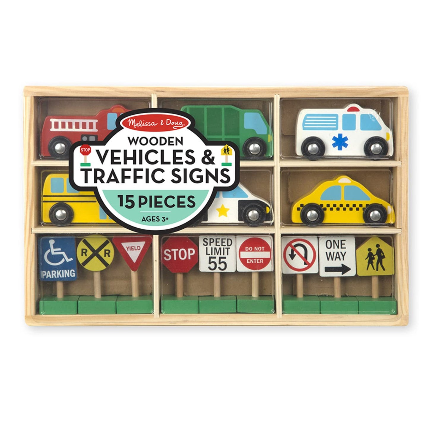 Melissa & Doug Wooden Vehicles and Traffic Signs With 6 Cars and 9 Signs - WoodArtSupply