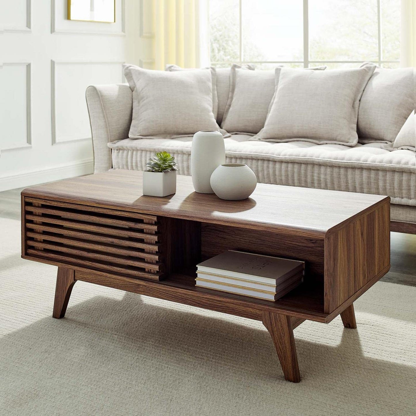 Modway Render Mid-Century Modern Coffee Table in Walnut, 43 in x 21.5 in x 17