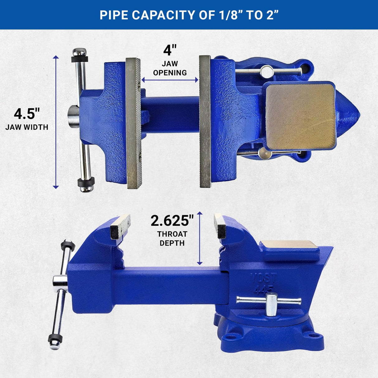 Yost Vises 445 Combination Vise | 4.5 Inch Jaw Width Utility Pipe and Bench Vise |Secure Grip with Swivel Base and Large Pipe Jaw Capacity | Made Yost Vises