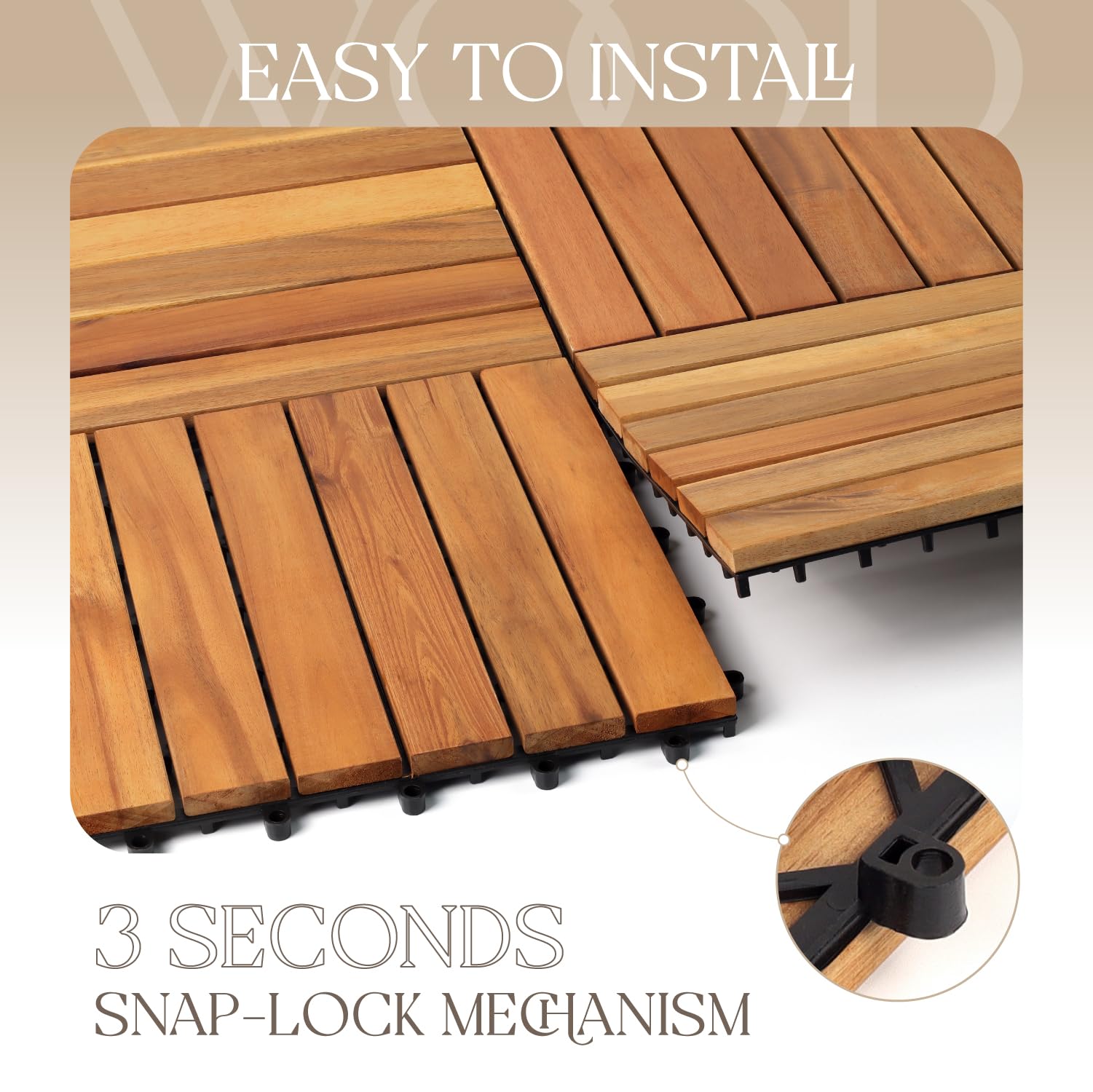 TimberWave Pack of 20 Deck Tiles, Solid Acacia Wood Floor Tiles, Patio Tiles Outdoor Interlocking Waterproof All Weather (12" x 12" - 6 Slat, Golden - WoodArtSupply