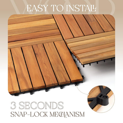 TimberWave Pack of 20 Deck Tiles, Solid Acacia Wood Floor Tiles, Patio Tiles Outdoor Interlocking Waterproof All Weather (12" x 12" - 6 Slat, Golden - WoodArtSupply