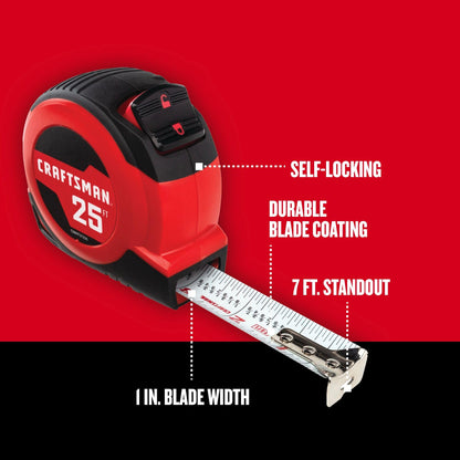 CRAFTSMAN 25-Ft Tape Measure with Fraction Markings, Retractable, Self-Locking Blade (CMHT37225)