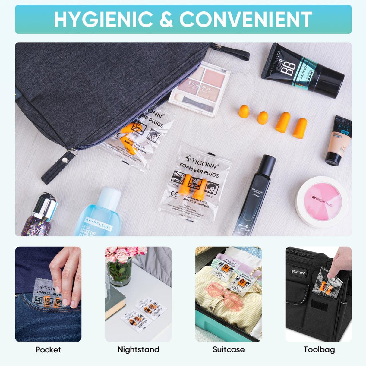 TICONN 100 Pairs Foam Ear Plugs for Sleeping Noise Cancelling, 32dB NRR Earplugs for Hearing Protection Travel Study Construction (100 Pairs) TICONN