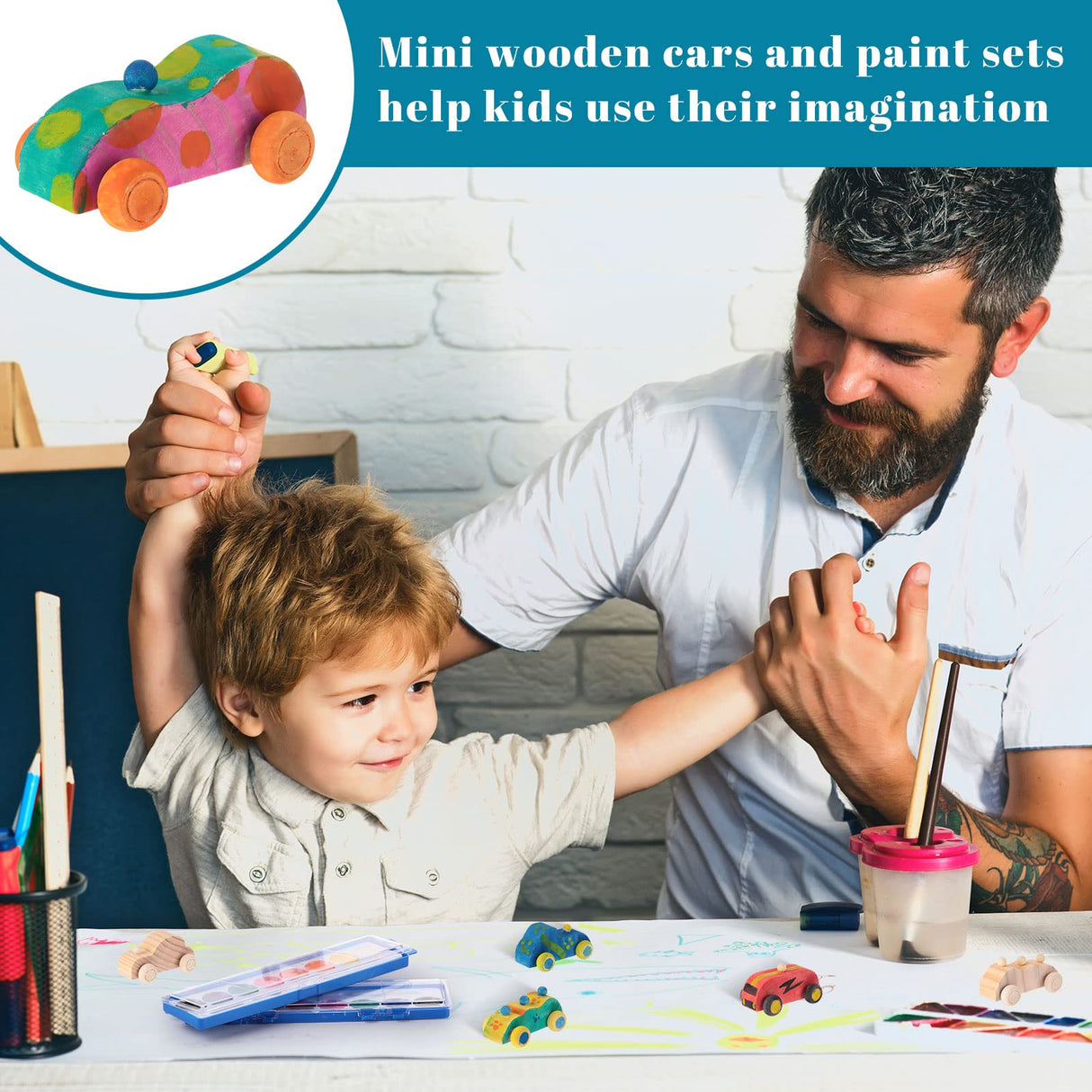 Leitee 12 Sets Unfinished Paintable Wooden Cars DIY Toys with Watercolor Paint Wooden Toy Cars Wood Crafts for Woodworking School Family Arts Home Leitee