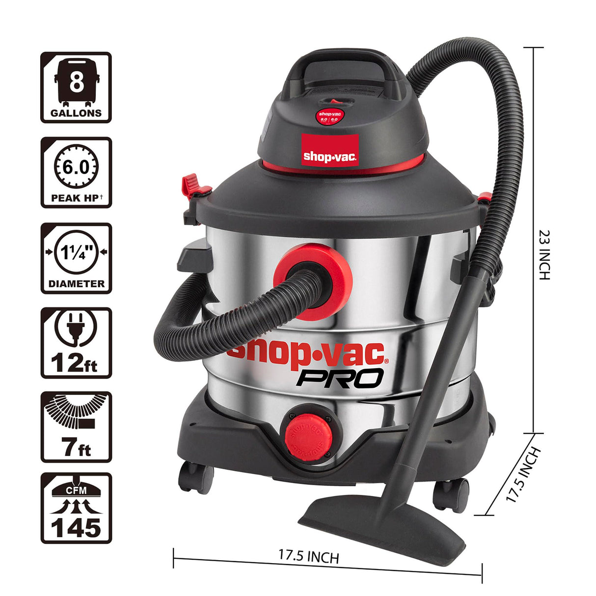 Shop-Vac 8 Gallon 6.0 Peak HP Wet/Dry Vacuum, Stainless Steel Tank, Portable Shop Vacuum with Multifunctional Attachments for Jobsite, Garage & Shop-Vac