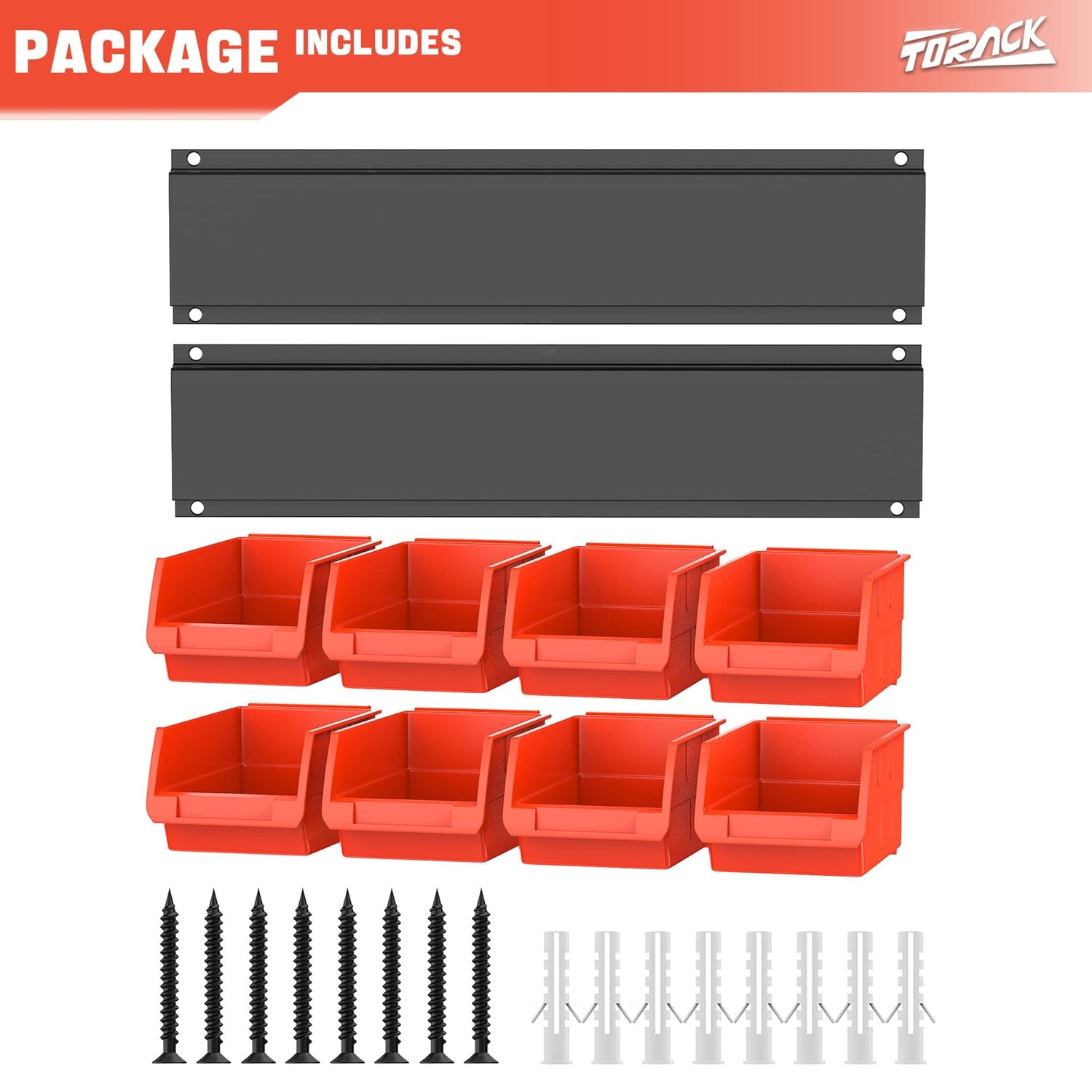 TORACK Wall-Mounted Storage Bins - 8 Plastic Bins & 2 Metal Tracks for Tools Organization in Garage, Craft Room, and Shop TORACK