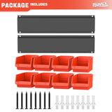TORACK Wall-Mounted Storage Bins - 8 Plastic Bins & 2 Metal Tracks for Tools Organization in Garage, Craft Room, and Shop TORACK