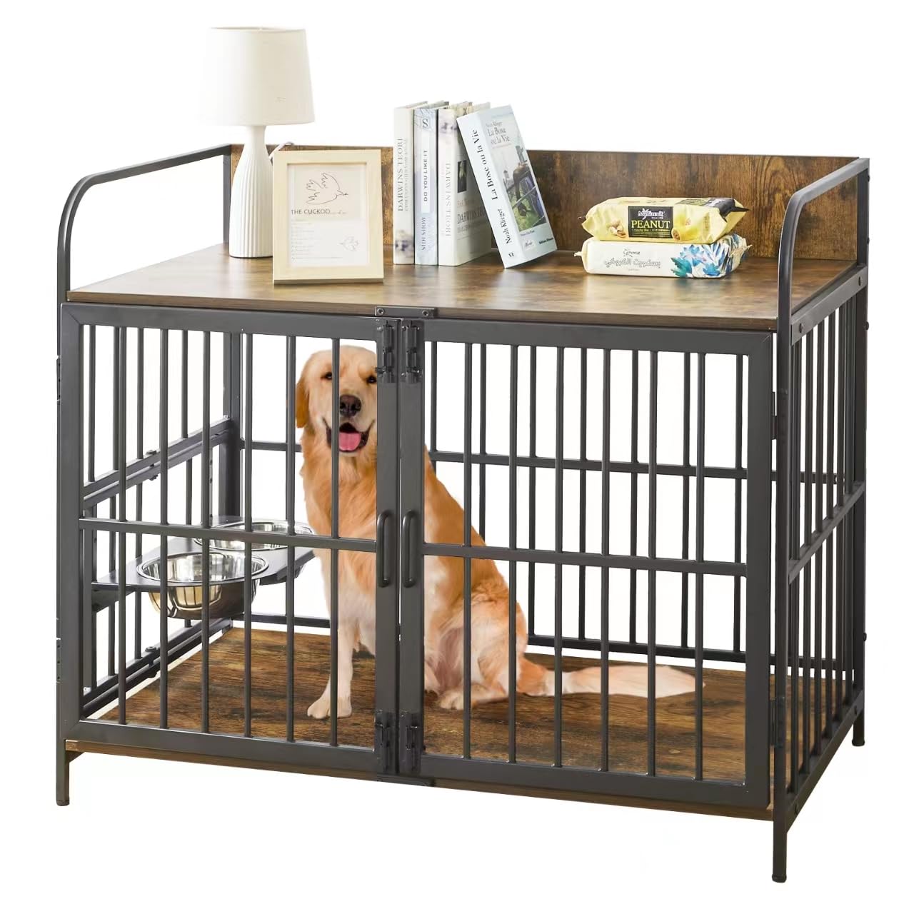 SEPTBOT Large Dog Kennel Indoor Furniture, 41 Inch Large Dog Crate with 360° Adjustable Feeder-2 Stainless Steel Bowls, Wooden Dog Cage Table for SEPTBOT