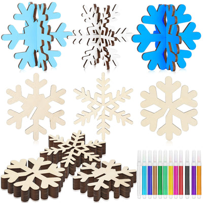 Huwena 48 Pcs Winter Christmas Wooden Snowflakes for Crafts Bulk with 24 Colored Markers 3D Unfinished Snowflake Tabletop Decor Wood Snowflake