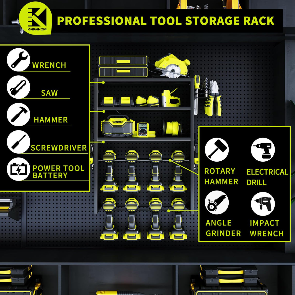 KAFAHOM Power Tool Organizer,Large 8 Drill Holder Wall Mount with 2 Side Pegboards,5 Layer Metal Tool Storage Rack with 12 Hooks,Tool Shelf for KAFAHOM