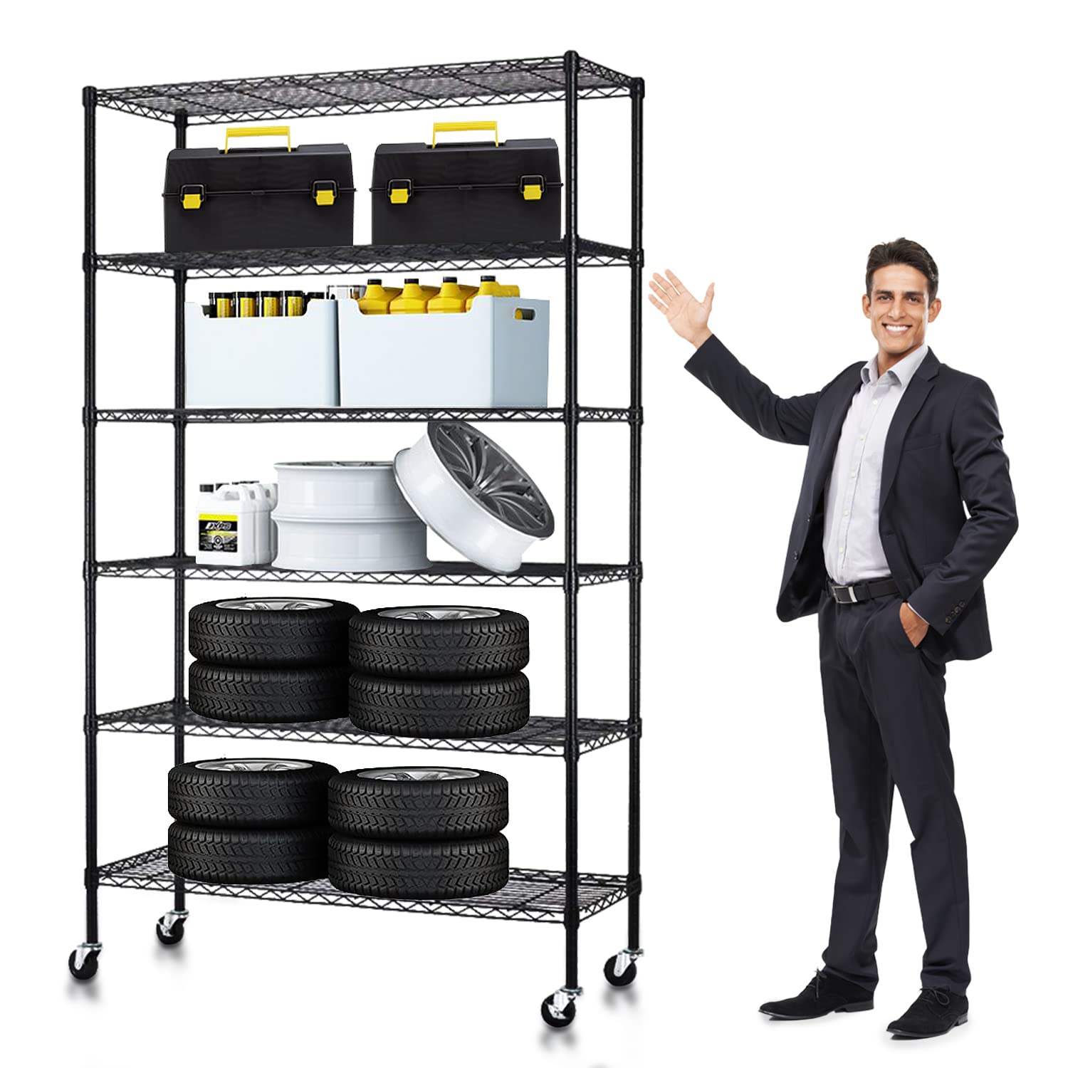 Dkelincs 6 Tier Storage Rack Metal Wire Shelf Unit Height Adjustable NSF Heavy Duty Garage Rack with Wheels 48" x 18" x 82" Commercial Grade Utility - WoodArtSupply