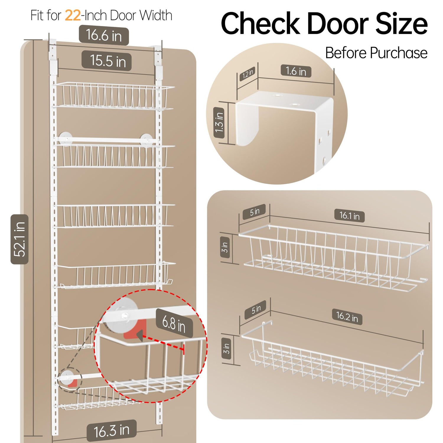 Delamu Pantry Door Organizer, Adjustable Metal Over the Door Pantry Organizer Rack, 6-Tier Over the Door Spice Rack, Kitchen Pantry Door Organizers Delamu