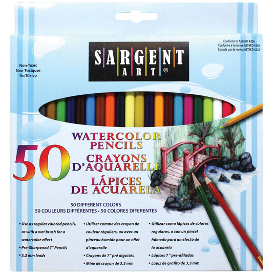 Sargent Art Watercolor Pencil Set, Classic Color Assortment, Non-Toxic, 50 count, Thick 33 millimeter lead - WoodArtSupply