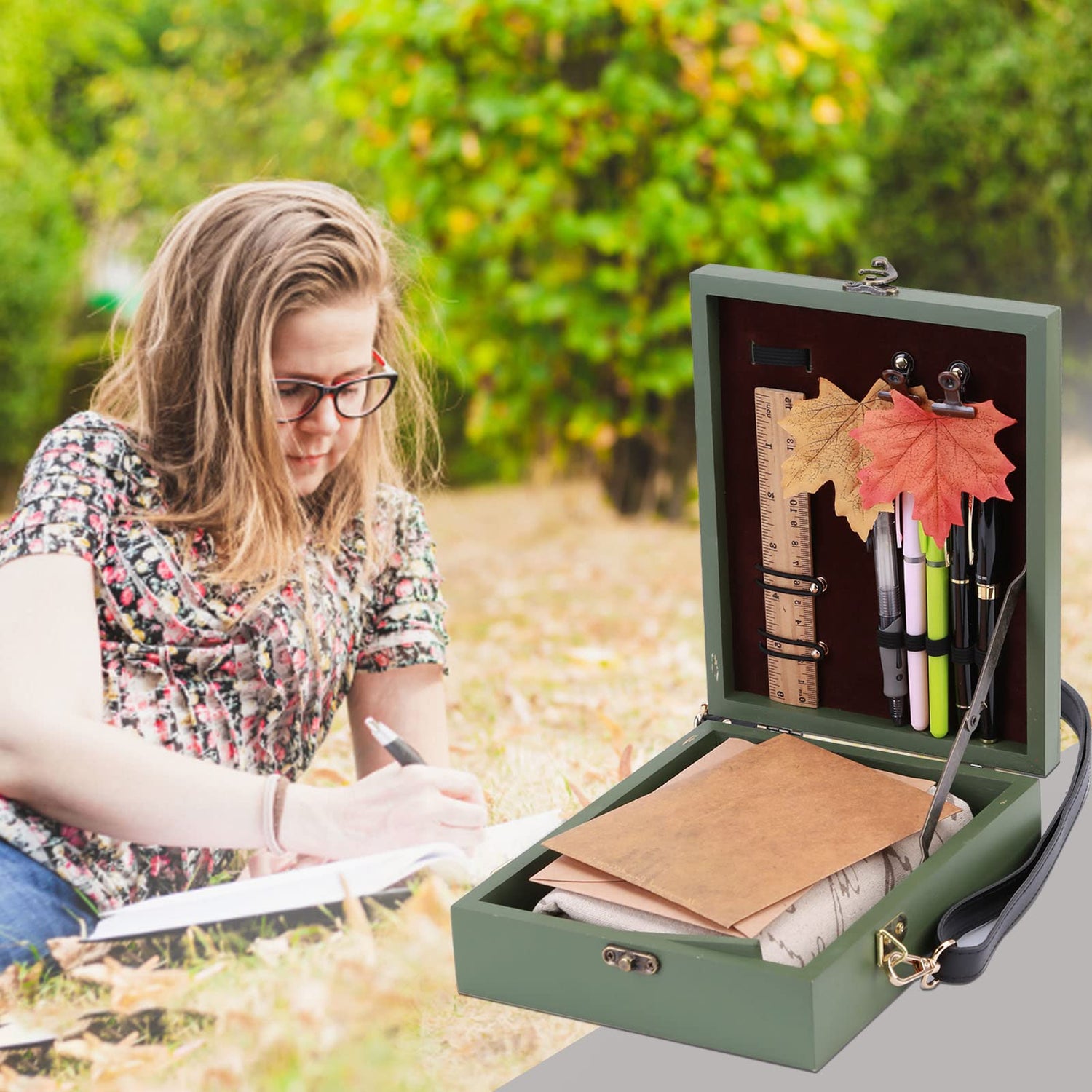 Writers Messenger Wood Box, Retro Wooden Handmade Portable Crossbody Postman Bag, Multi-Function Artist Tool and Brush Storage Box (Green) SHUWND