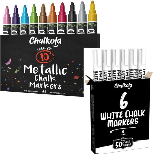 Chalkola Metallic Bundle - 10 Metallic + 6 White Markers 6mm - WoodArtSupply